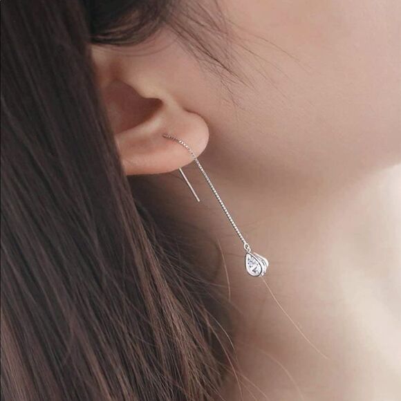 925 Sterling Silver Crystal CZ Tassel Chain Dangle Earrings - Picture 4 of 5